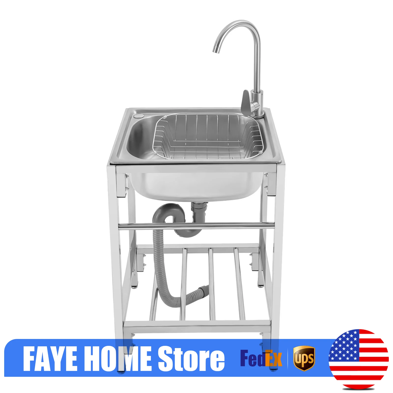 

Stainless Steel Single Basin Kitchen Sink Simple Laundry Sink +Faucet & Stand