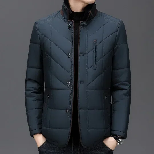 

Men's Winter High-end Cotton Coat Jacket Mid-age Solid Color Stand Collar Thermal Protection Casual Style Cross-border Wear