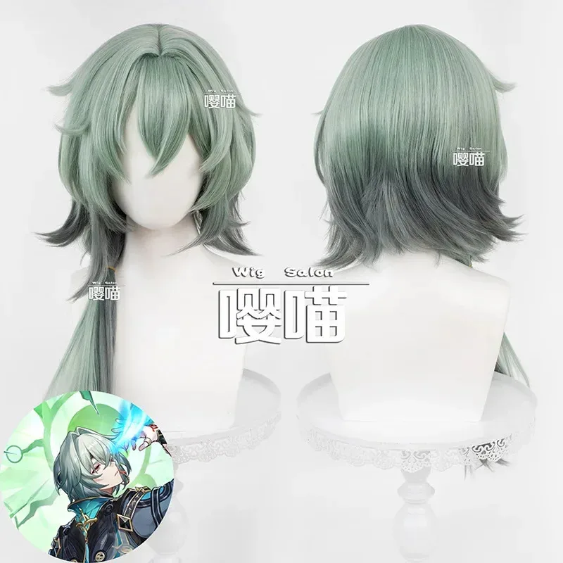 CyHSR Anaxagoras شعر مستعار تأثيري 65 سنتيمتر رمادي أخضر الباروكات أنيمي شعر مستعار تأثيري مقاومة للحرارة الاصطناعية خصلات الشعر المستعار + غطاء شعر مستعار