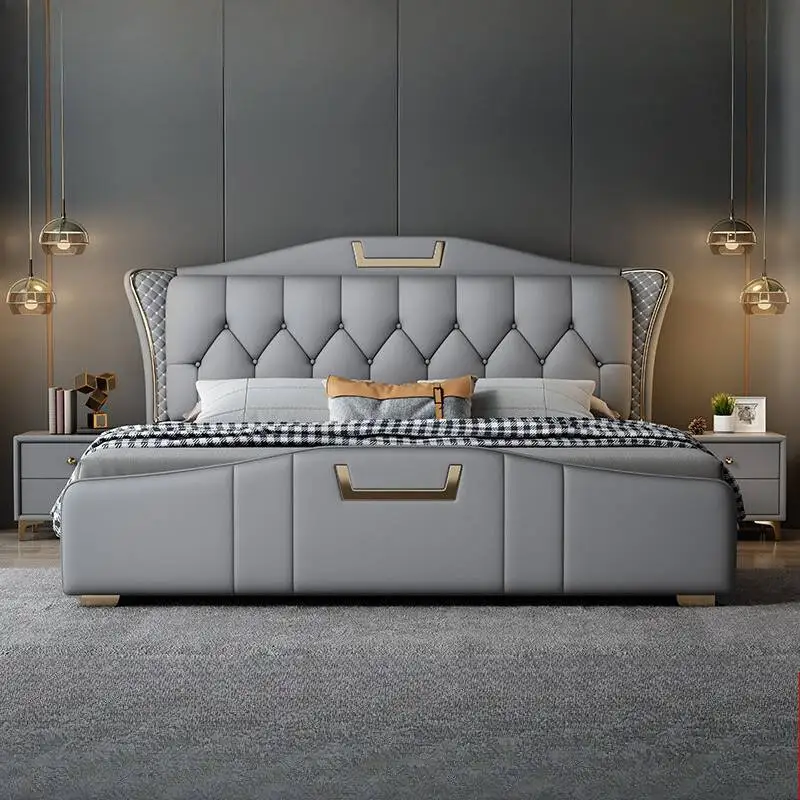 Minimalist Gray Double Bed Luxury Decoration Pliable Wooden Double Bed Storage Design Camas Matrimoniales Furniture For Home