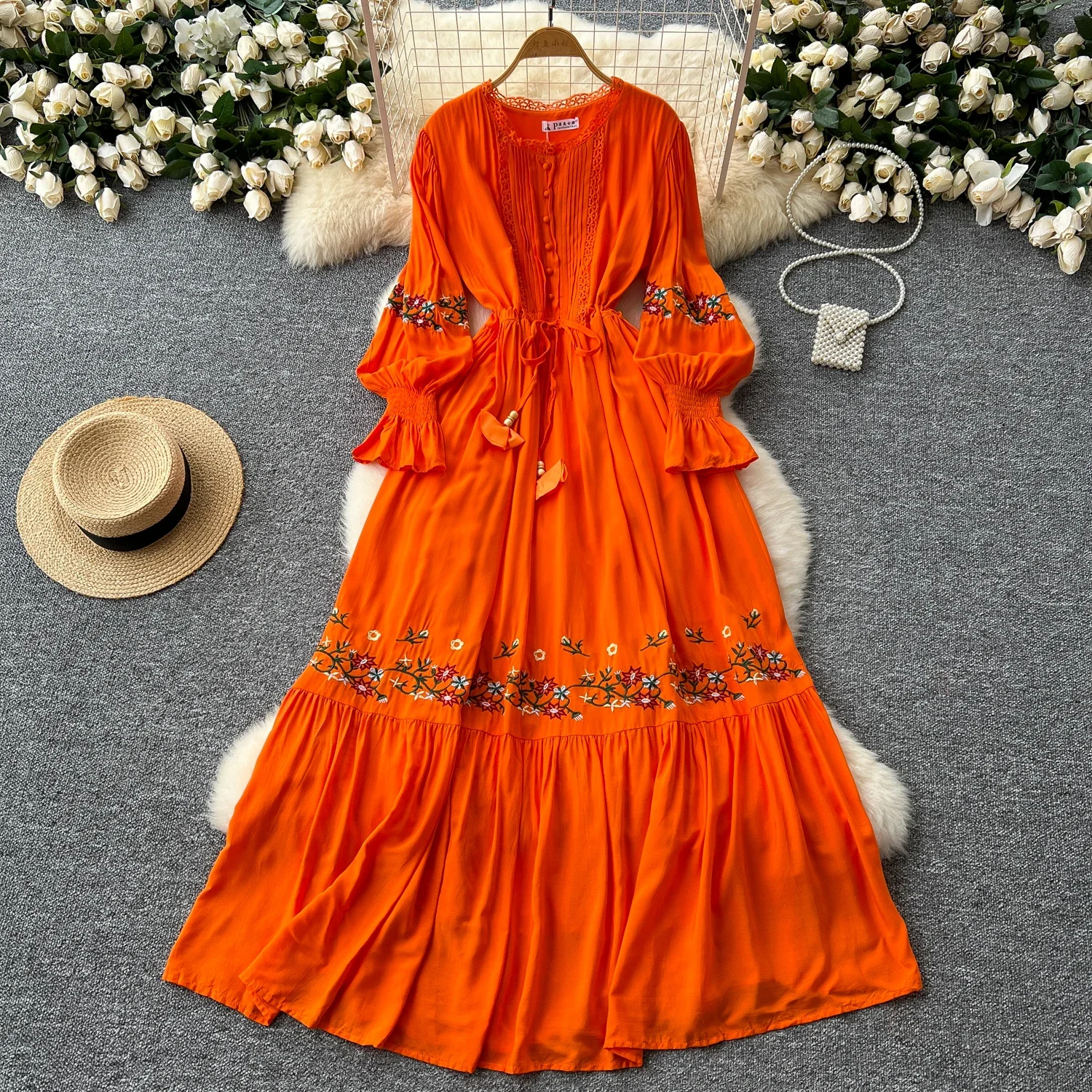 French Vintage  Elegant Flare Sleeve Embroidery Oneck Single Breasted Dress Women Basics Fashion Summer Spring Dresses