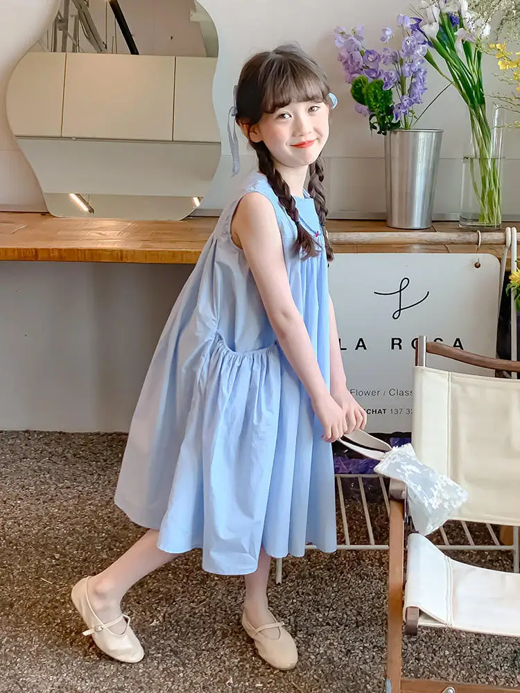 New Arrival Sweet Girls Dress For Summer 2 3 4 5 6 7 8 9 10 11 12 Year Sleeveless Solid Color Blue Child Dresses With Pockets