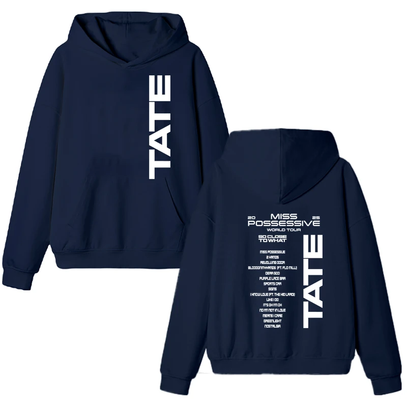 2025 Tate McRae Sudadera con capucha estampada de doble cara para hombre y mujer, jersey informal a la moda, sudadera de manga larga de lana Unisex para Otoño e Invierno