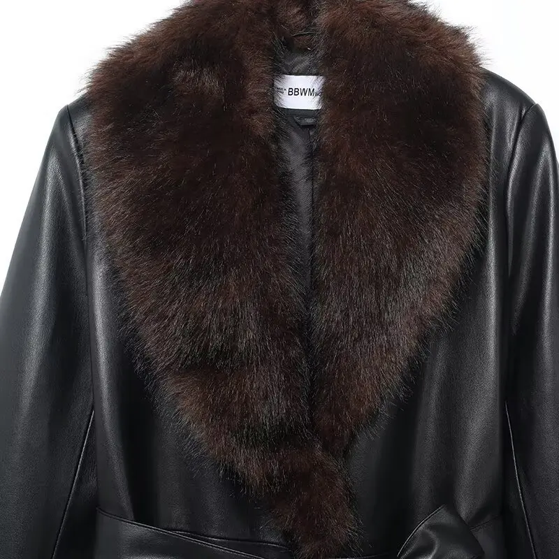 2026 New Fashion Temperament Detachable Fluffy Collar Artificial Fur Effect Black Long Slim Fit Trench Coat