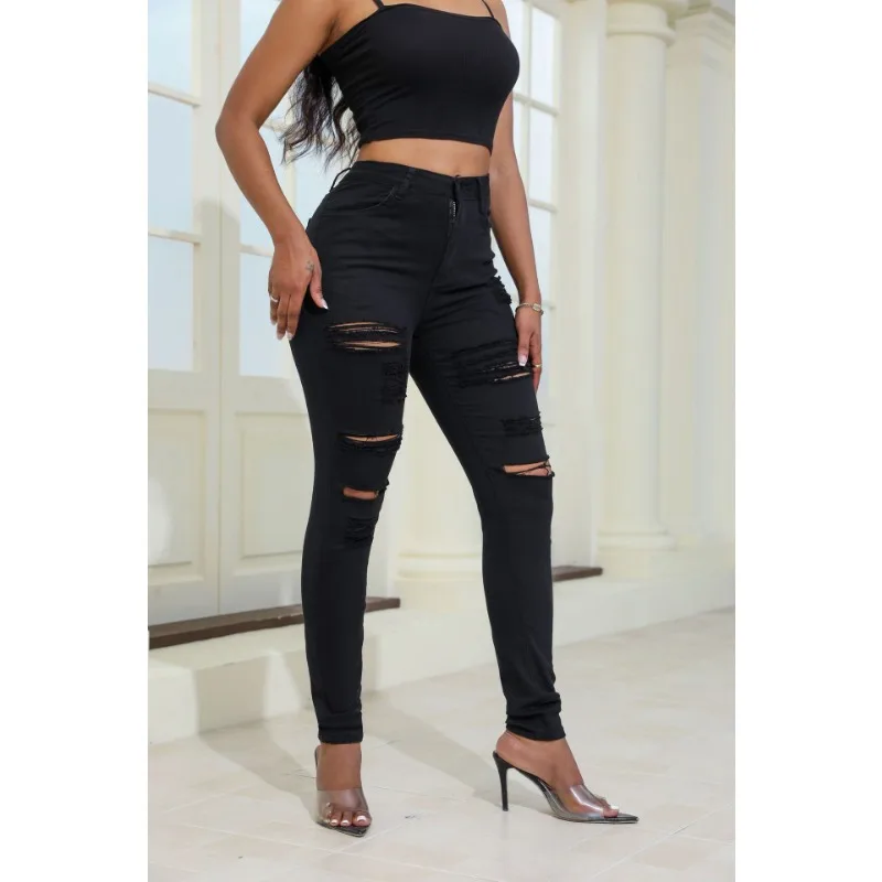 Sexy Bodycon celana Jeans wanita elastis, celana Denim hitam dan putih lubang sobek dicuci pinggang tinggi celana pensil