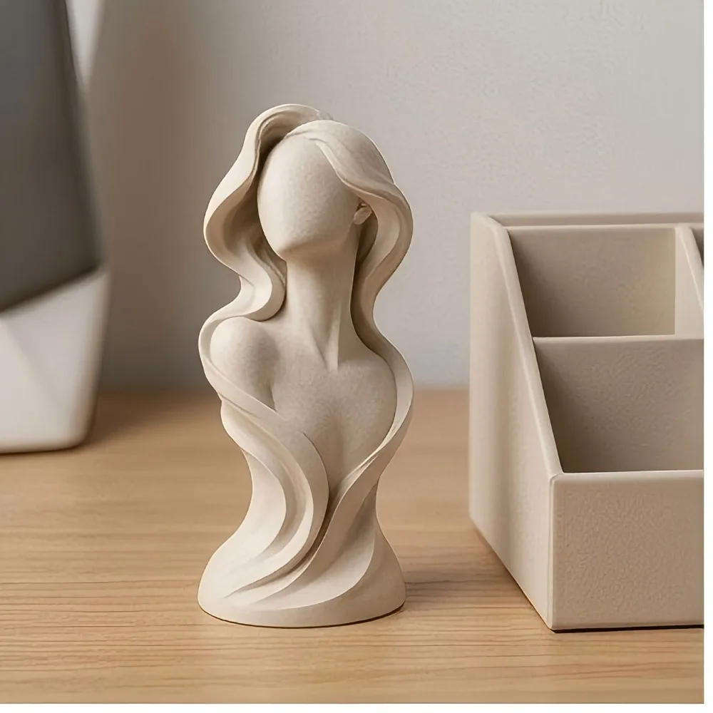 Abstract Faceless Long Hair Lady Bust Sculpture 3D Printed Woman Statue Aesthetic Vanity Bookshelf Tabletop Home Decor Gift