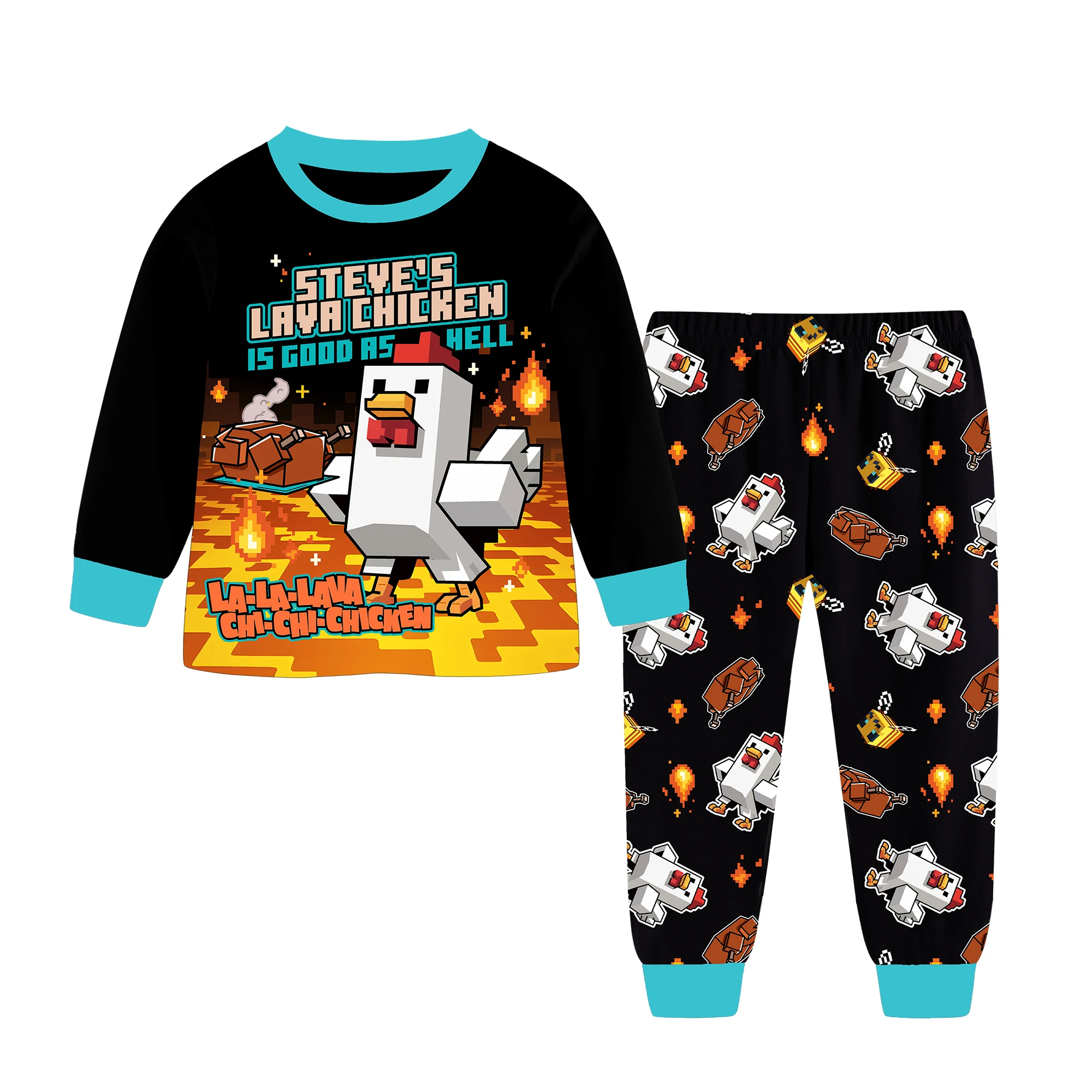 Steve's Lava Chicken Jockey Jungen-Pyjama-Set, Langarm-Schlafanzug, Cartoon-Baumwollkleidung, Nachtwäsche für Kinder im Alter von 6-13 Jahren – Detail 2