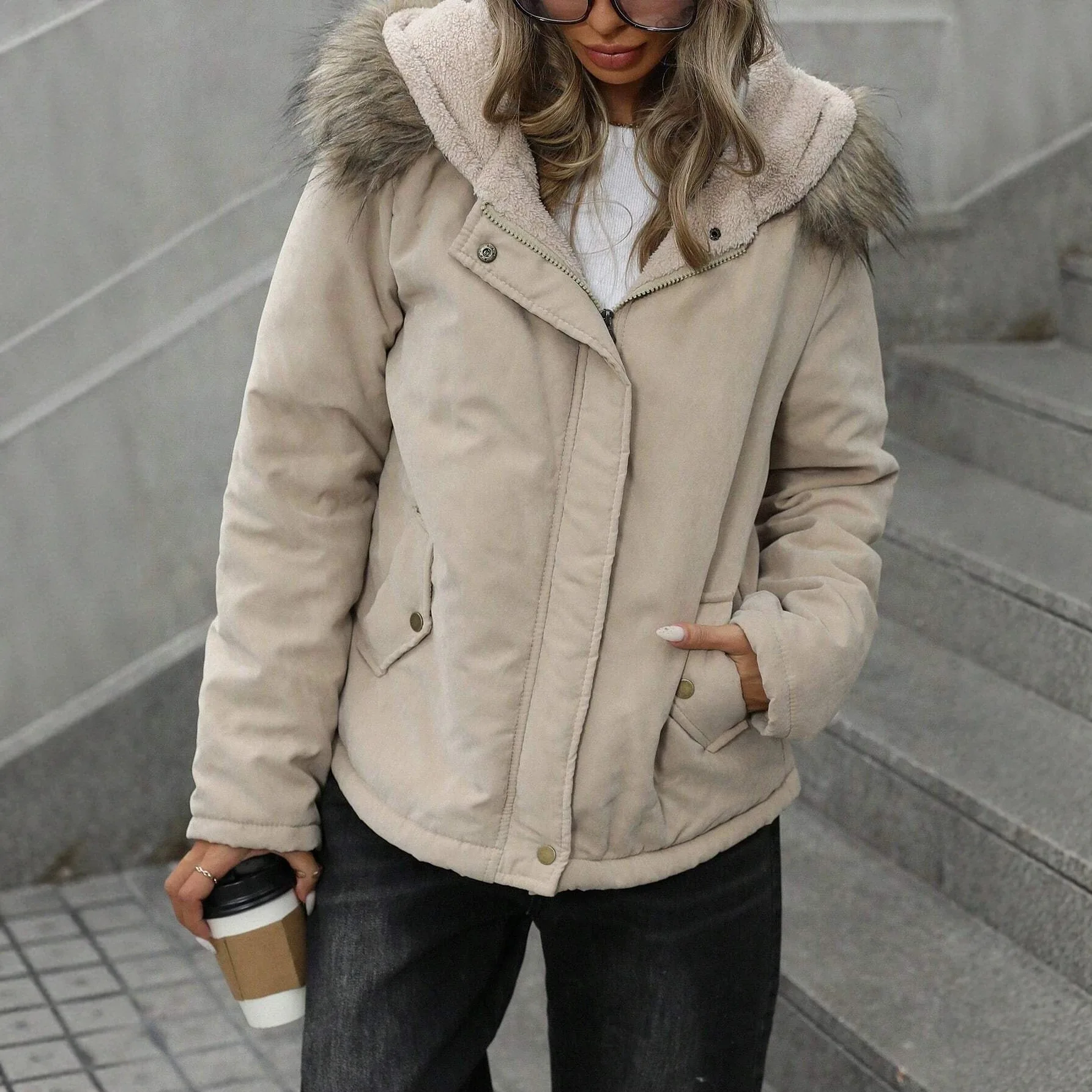 2026 Winter Women's Thickened Jacket Hooded Fur Collar Cotton Clothing Lamb Fleece Drawstring Cotton Clothing Women