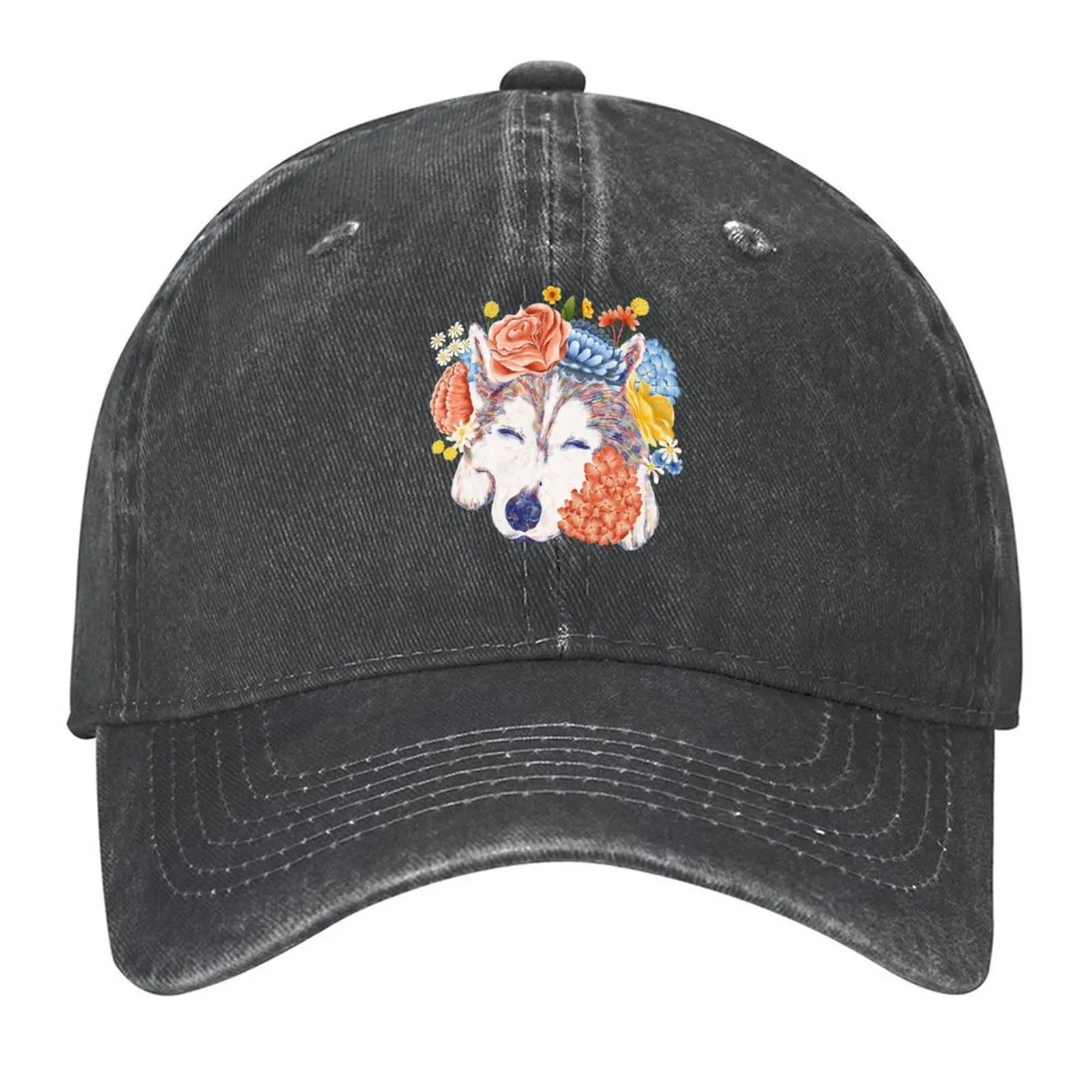

Colored Pencil Husky Dog Flower Crown Baseball Cap cute derby hat black Big Size Hat Women's Golf Clothing Men's