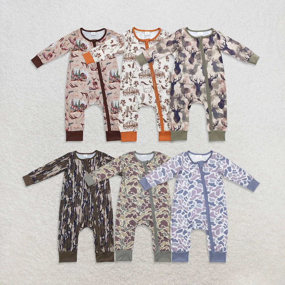 

Sibling Baby Boys Camouflage Green Bamboo Romper Long Sleeves Zipper Closure Fall Outfit Infant Kids Green Camo Clothing