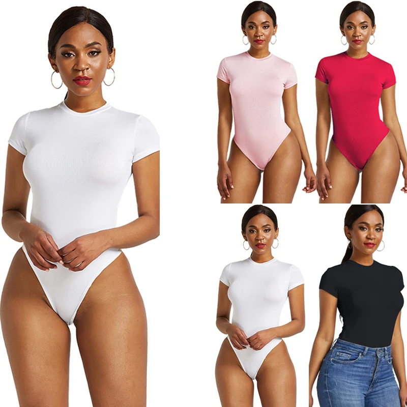 Body Sexy de una pieza para mujer, de manga corta con cuello redondo Bodycon, monos básicos abiertos en blanco, negro y rojo, Top ajustado