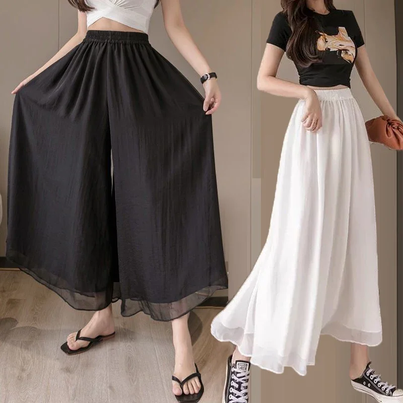 

Chiffon Straight Losse Wide Leg Ankle-Length Pants Women Clothes Summer Plus Size High Waisted Casual Trouser Solid Elegant New