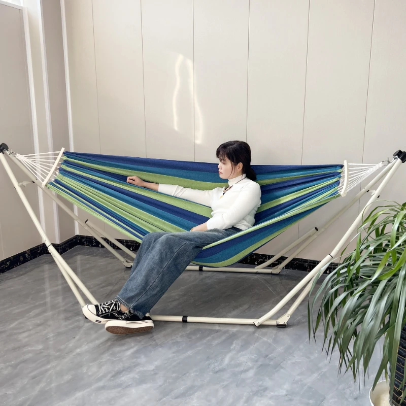 Canvas hammock Outdoor anti-rollover camping Portable hammock Iron frame Indoor and outdoor household swing folding bracket
