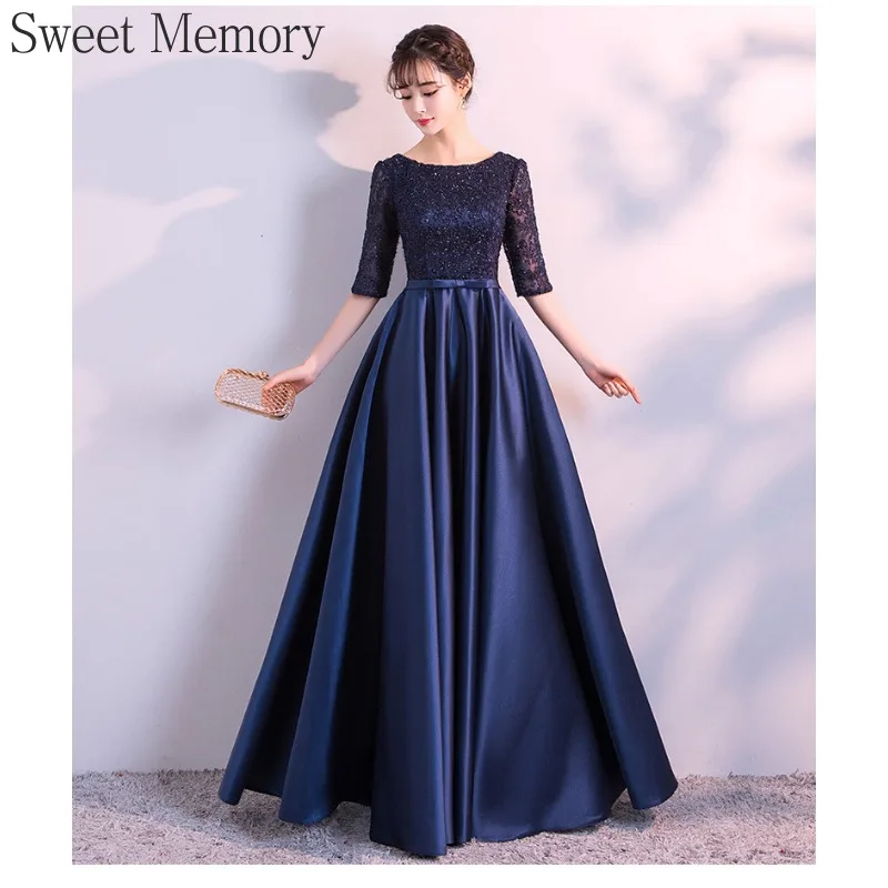 D495 Customize Navy Blue Evening Dress Elegant A Line Satin Lace Sweet Memory Women Formal Wedding Guest Dresses Prom Party Gown