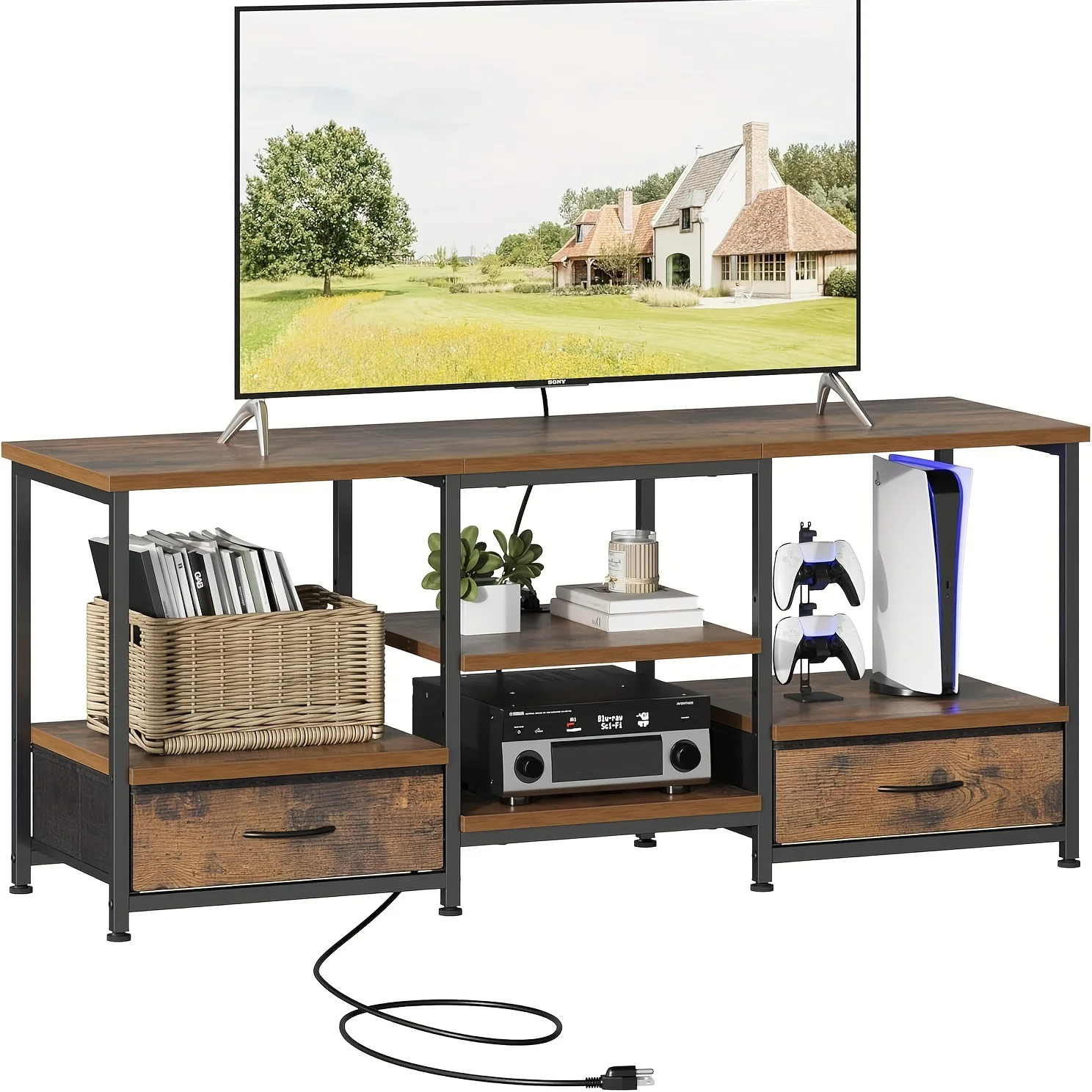

Modern TV Stand with Two Fabric Drawers & Large Hidden Storage - Sturdy Metal Frame & Wood-Like, Low Profile Media Console, Compact Cabinet for Small Spaces, Easy Assembly, Fits TVs/DVDs/Books (Under 27" Height)