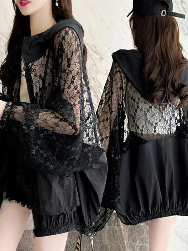 

plus Size 300 Pounds Lace Hollow out Hooded Women's Summer Thin Versatile Outerwear Top Spring Commute Style Loose Fit Long S...