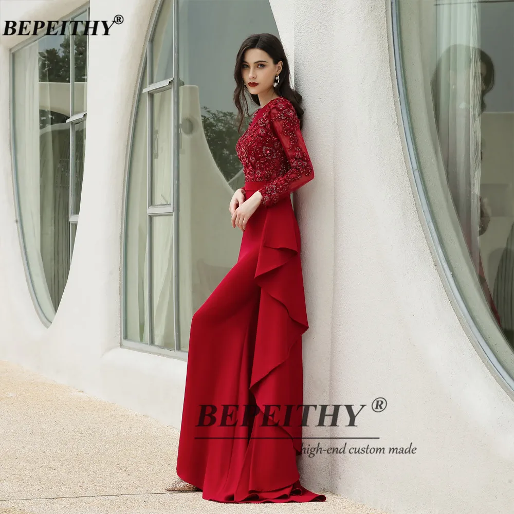 BEPEITHY Customized O Neck Mermaid Lace Evening Dress Sexy Full Sleeves Red Prom Dresses For Women 2023 Ladies Dress For Party