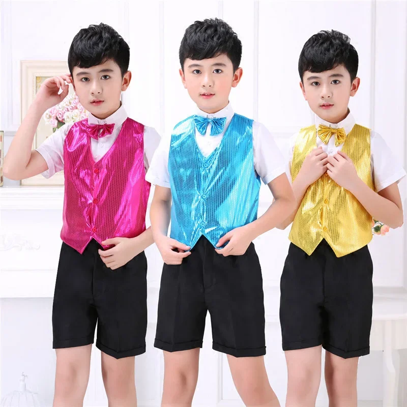 Hip Hop Dance Costumes Boys Jazz Set Sequined Vest White Shirt Black Shorts Dancing Suit Kids Children Stage Show Wear