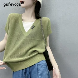 Women's Summer Korean Style Hollow Knit T-shirts Casual V Neck Short Sleeve Tees Solid Color Slim All Match Fake Two Pieces Tops