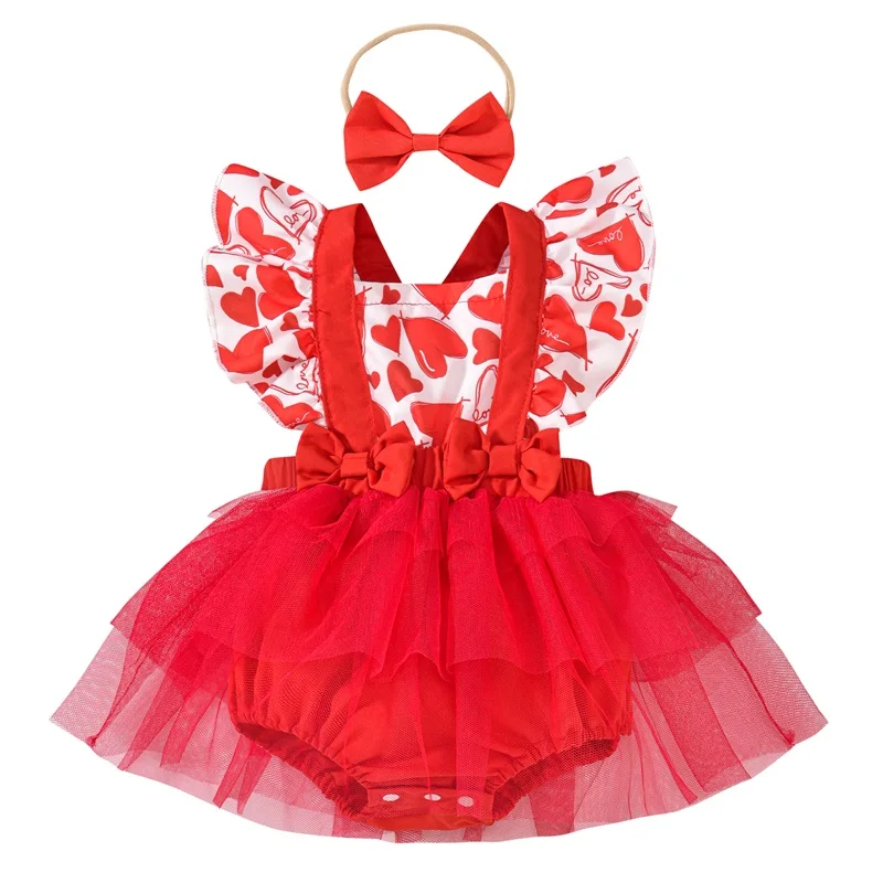 Baby Girl Valentine’s Day Outfits Ruffle Sleeveless Heart Print Romper Dress with Headband Set Spring Clothes