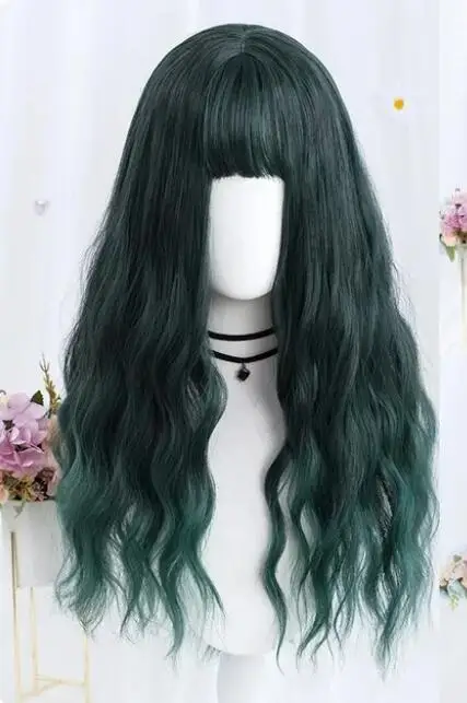 Wig Lolita sintetis wanita, rambut palsu panjang ungu biru Greeen rambut Cosplay dengan poni temperatur tinggi