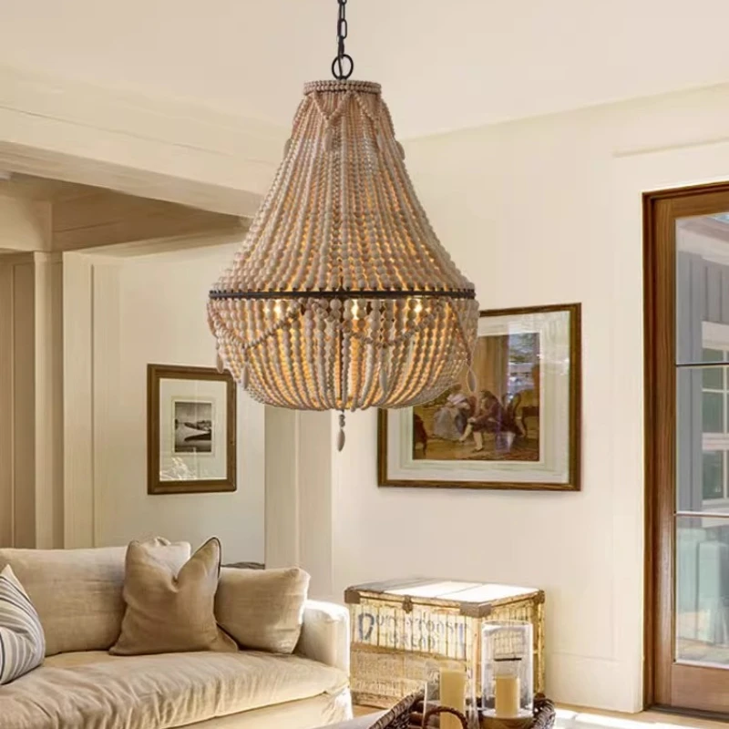 미국 보헤미안 펜던트 조명 침실 나무 구슬 레스토랑 거실 크림 스타일 마스터 침실 LED 교수형 램프 비품