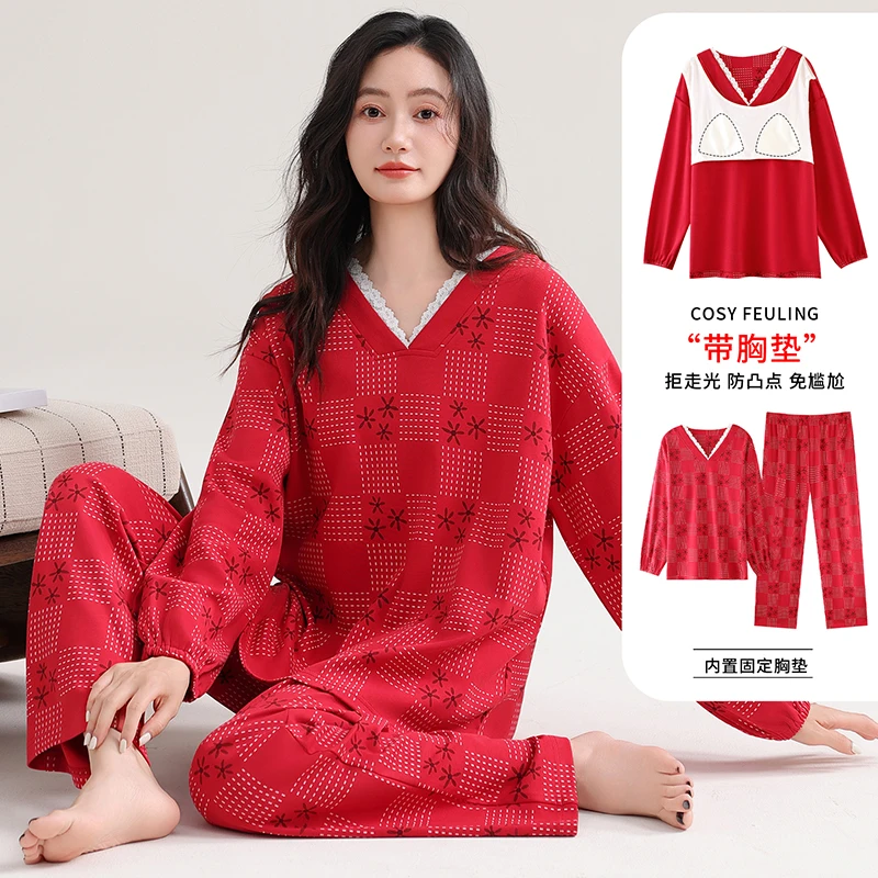 

Новейшие весенне-осенние женские пижамы из 100% хлопка, женская одежда для сна с длинными рукавами и накладкой на грудь