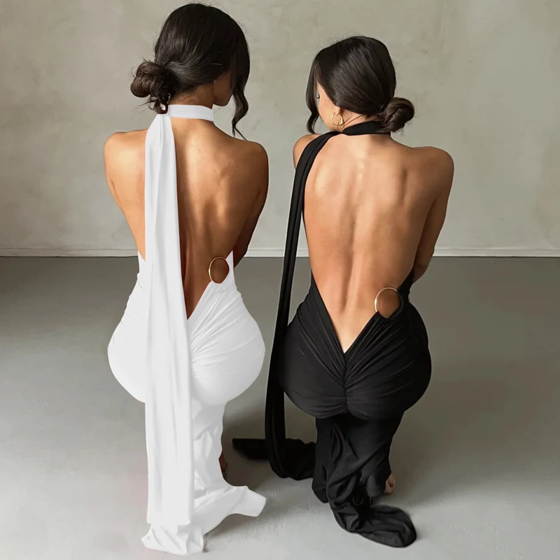 Hugcitar One Shoulder Backless Adjustable Scarf Loop Ruched Sexy Maxi Dress Women Elegant Y2K Streetwear Festival Outfit 263 Se5365fcb5ae542be815096c12a232e138