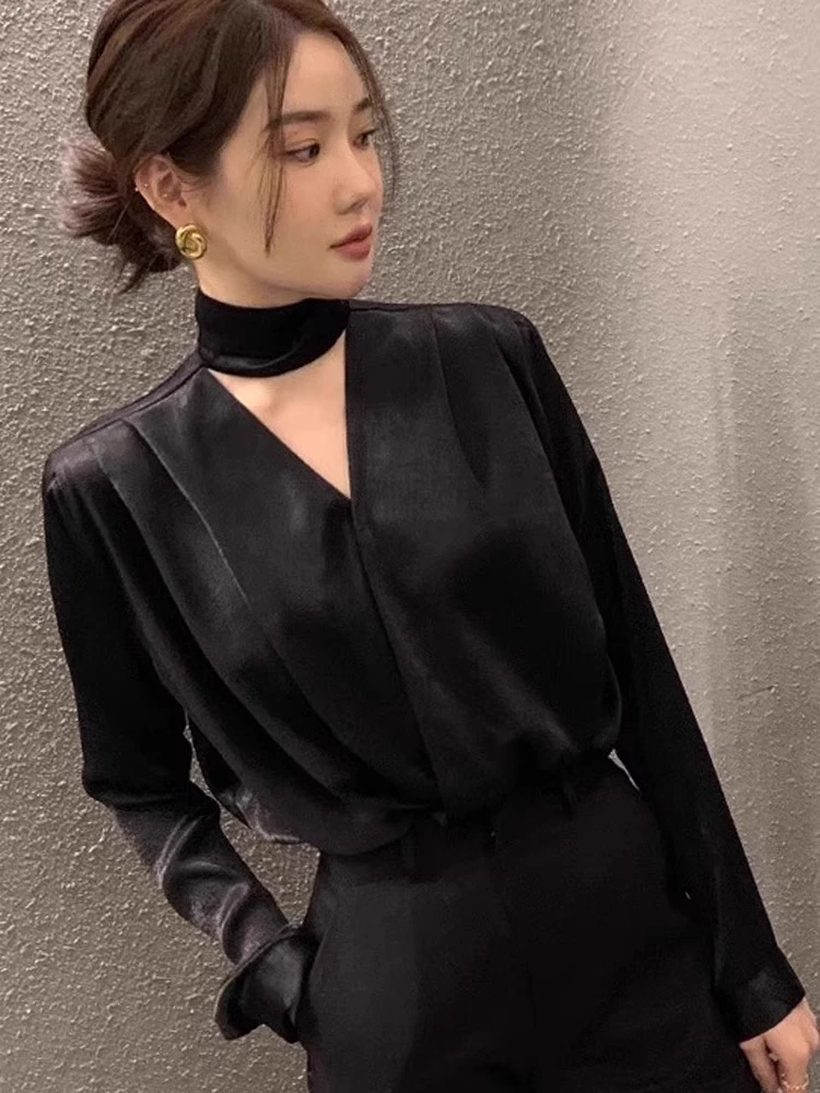 

Женский повседневный топ French Sle V-Ne Sa irt Long Sve плиссированный однотонный дизайн, дышащий, приятный для кожи, стандартный крой