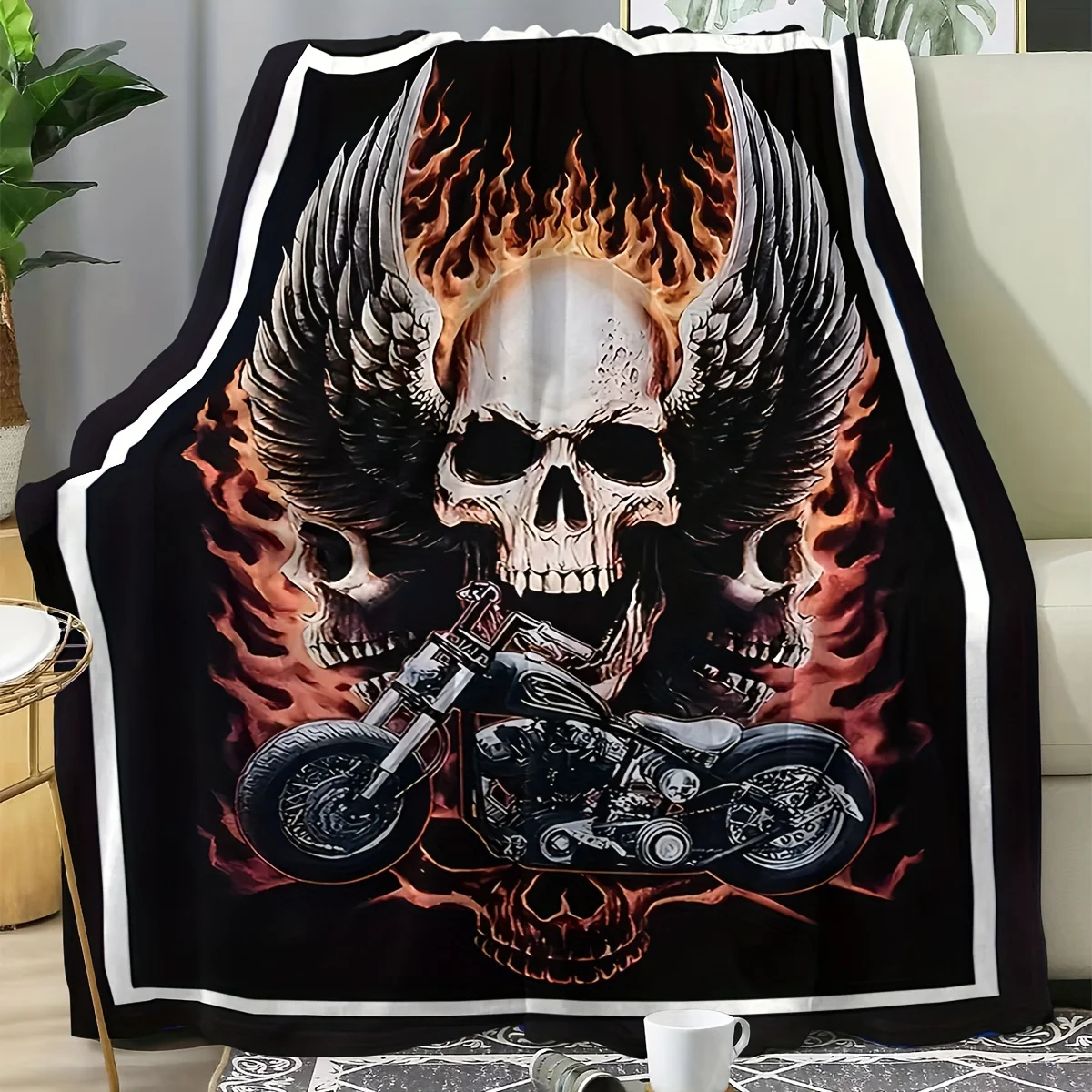 Skull-winged motorcycle pattern Flannel printed blanket suitable for all seasons suitable for living room office sofa and travel