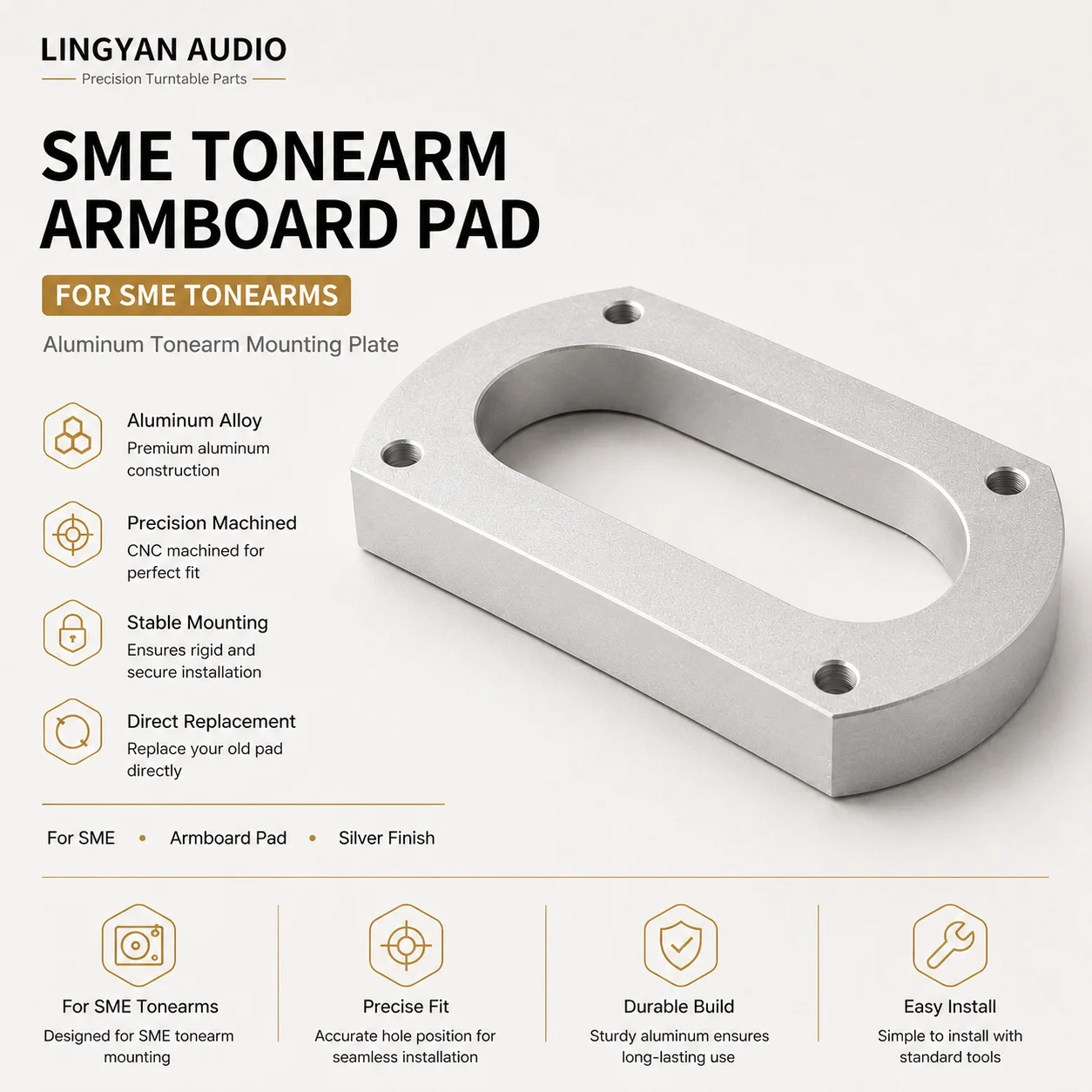 10mm Tonearm Spacer Base for SME 3009 3010 3012R Silver Aluminum Alloy Arm Height Riser Mount Adapter