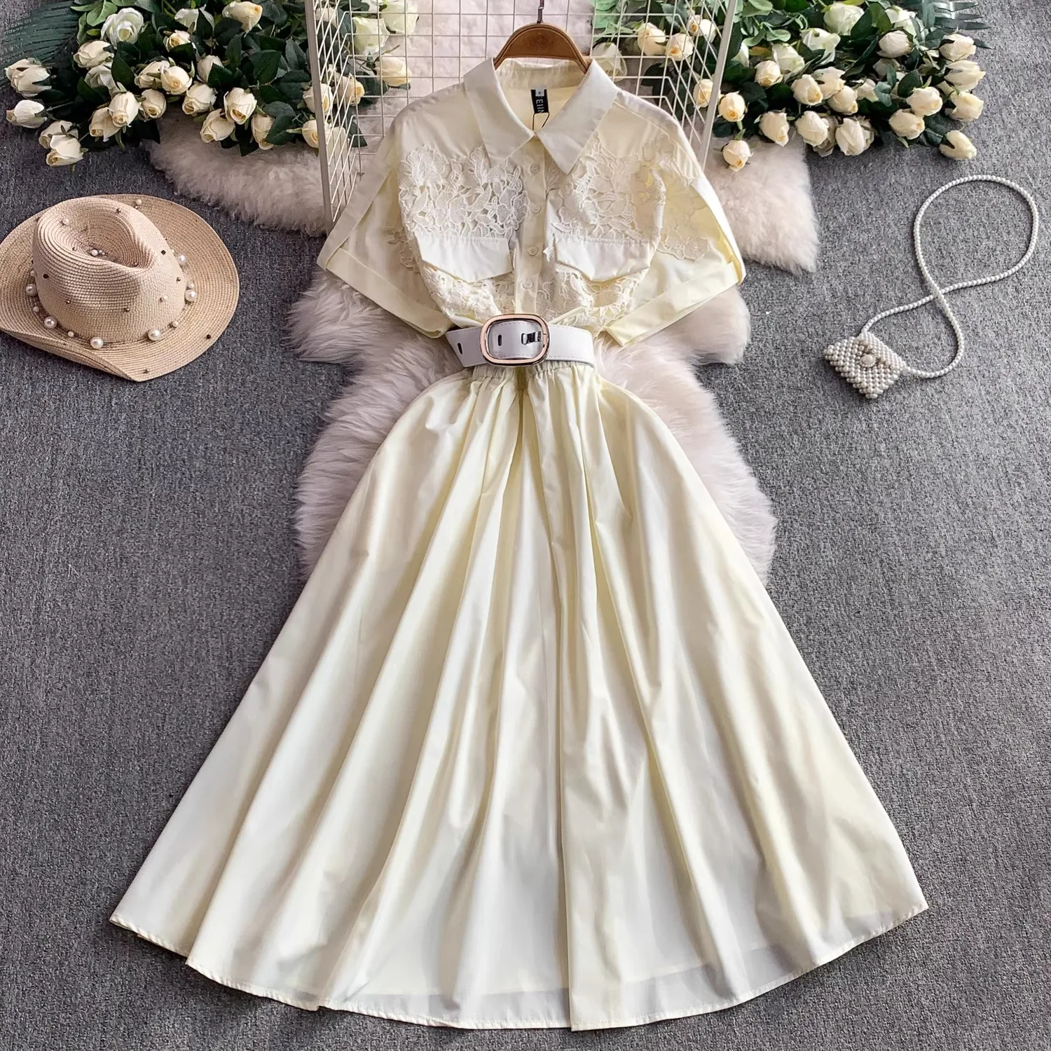 Elegant Hollow Out Lace Patchwork Midi Long Dresses Shirt Women Summer Turn Down Neck Short Sleeve Belt Evening Party Vestidos