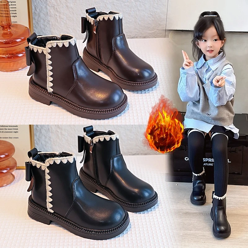 

Girls Fashion Boots 3-18 Years Old Brown Lace Bow Middle and Large Kids Princess Shoes Black Padded Soft Children's Short Boots