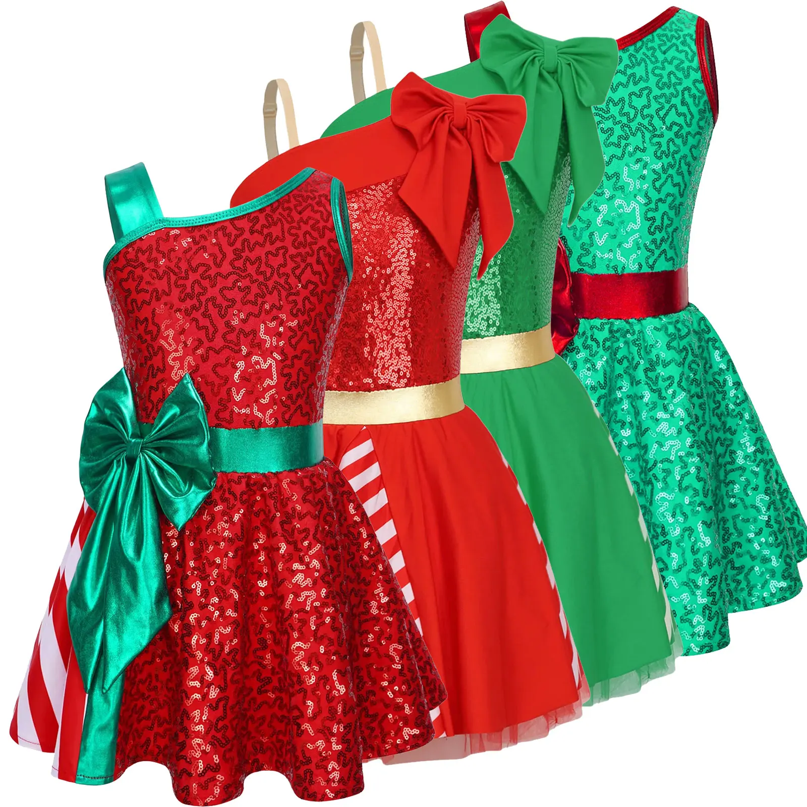 Kid Girls Sequin Ballet Tutu Dance Dress Christmas Big Bow Stripe Gymnastics Leotard Figure Skating Dancewear Party Elf Costumes