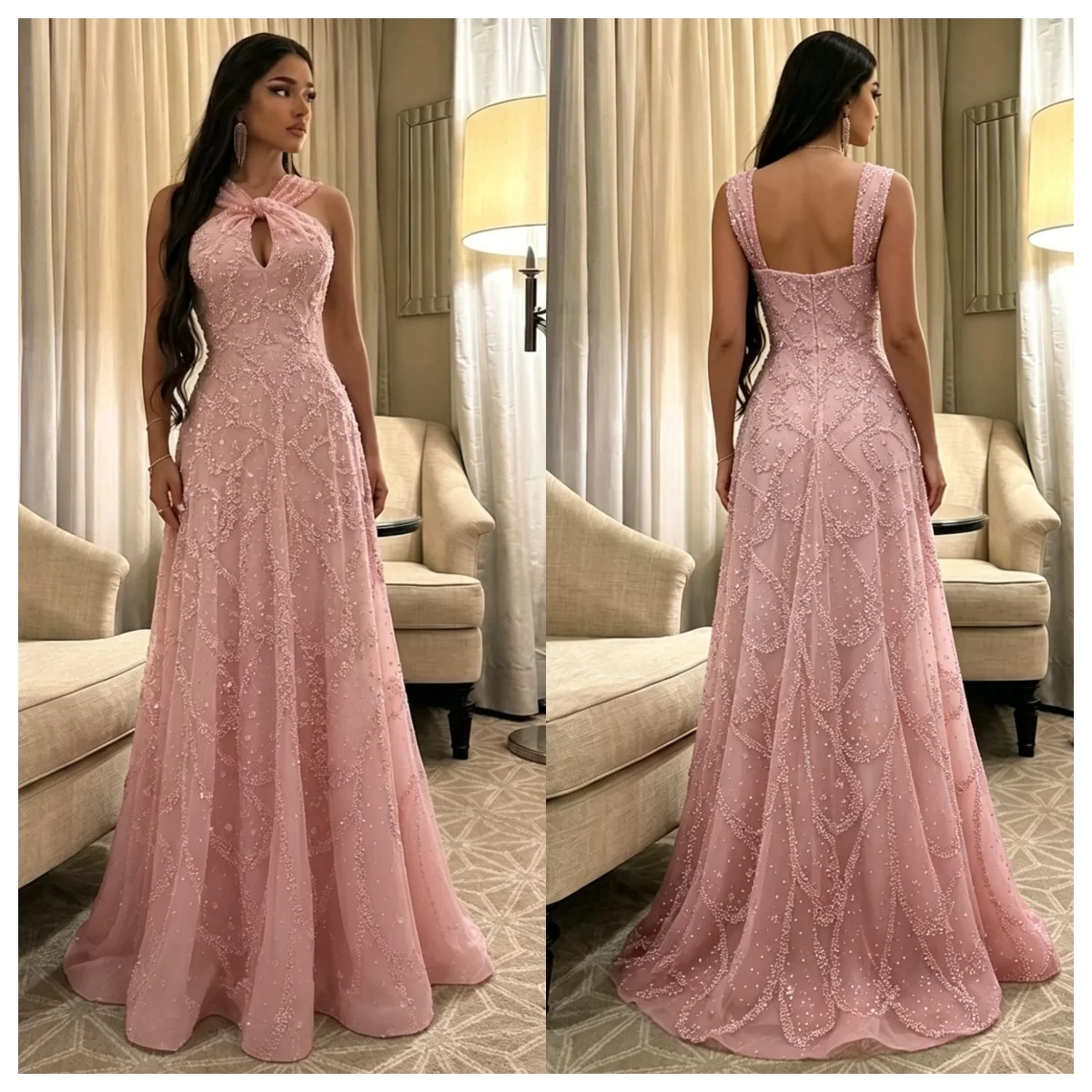 2026 New Pink Beaded Evening Gown Twisted Halter Neck A-Line Skirt Dubai Arabian Style Ladies Formal Party Dress Customized
