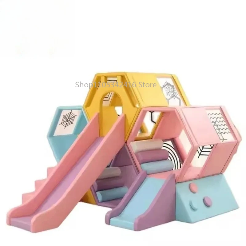 soft play set，climbing physical training，honeycomb combination，big pink slide，kindergarten indoor play equipment