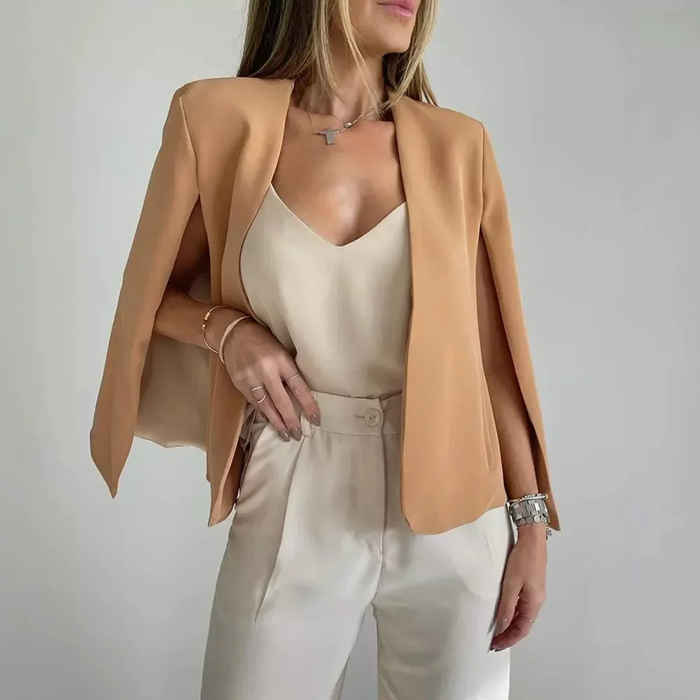 Open Front Shoulder Padded Cape Blazer Coat Women Jacket Solid Color Autumn Winter Long Sleeve