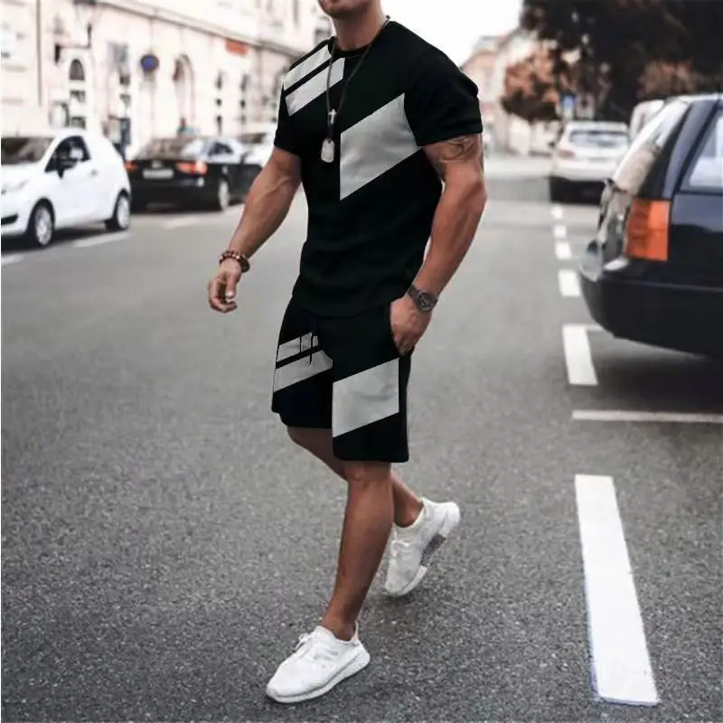 New Summer Stripe Series T Shirt Sets Sweatshirt Jogging Short Sleeve Suit Men Tracksuit 3D Printed Casual Breathable Clothes