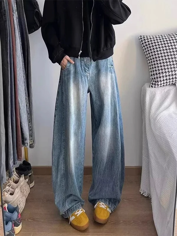 

Blue Deconstructed Knife Jeans Men's Loose Wide Leg Pants American High Street Workwear Bamboo Pattern Summer Wear Resistant