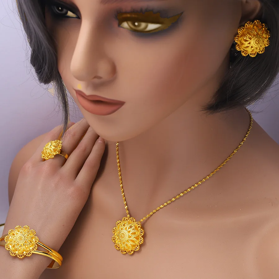 

New Dubai 24K Gold Jewelry Set African Bridal Necklace Earrings Ring Bracelet Four-piece Set