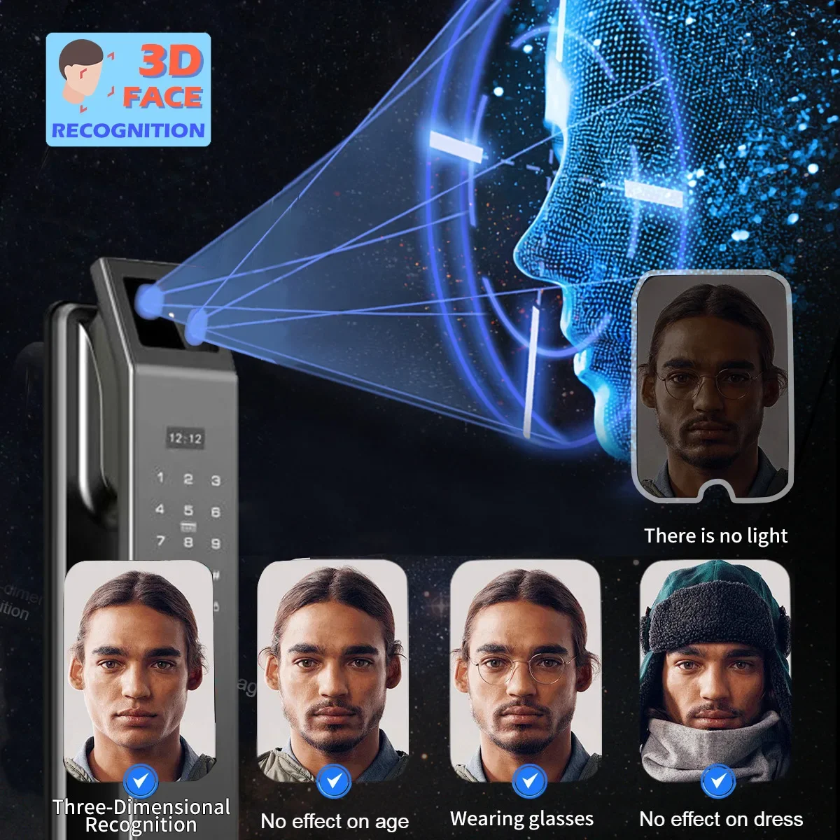 Smart Fingerprint Digital Door Lock com Câmera, Reconhecimento Facial, WiFi, APP, Senha, Cartão, Facial