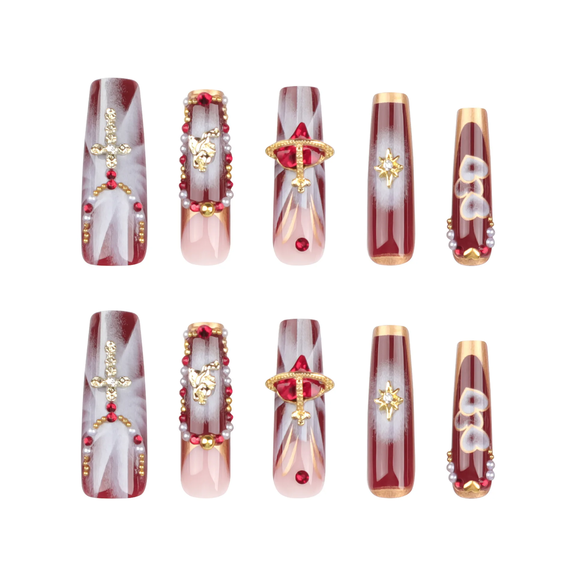 Manicura 3D de estilo francés Retro, Gema roja, corazón, ideal para viajes, uso diario, fiesta, se puede combinar con uñas de Ballet, 24 piezas de largo