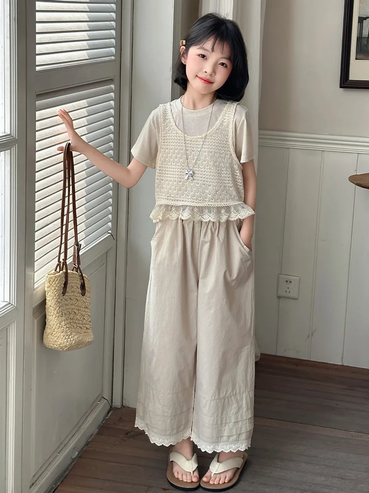 

2025Girls' Summer New Beige Stylish Short Sleeve Camisole Thin Three-Piece Set4Years Old-14Years Old