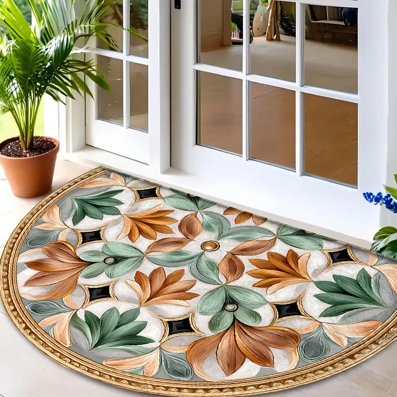 Cream Base Green Brown Geometric Floral Oval Commercial Entrance Rug Welcome Doormat For Cafe Office Shop