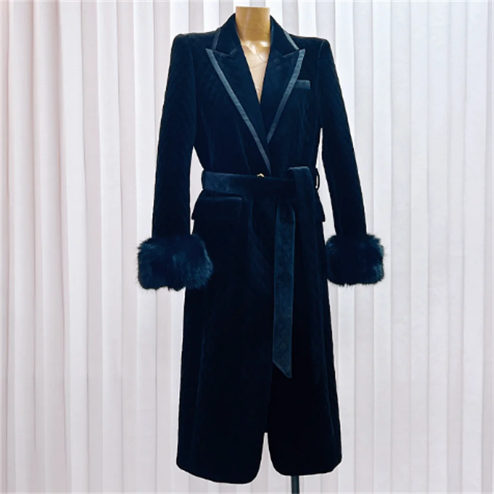 

Winter gold velvet jacket cotton jacket collar plaid long belted jacket
