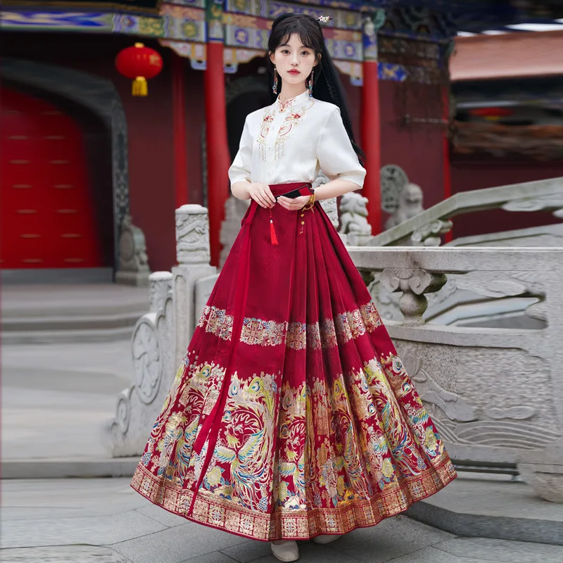 Bride's Wedding Engagement Mamianqun Suit New Chinese Printed Horse Face Skirt Traditional Hanfu Set Vintage Novelty Cheongsam