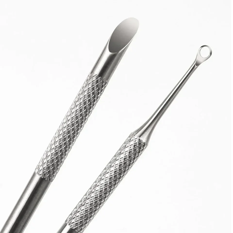 Palito de acero inoxidable de doble extremo para manicura, removedor de cutículas, lima de uñas biselada, cabeza circular biselada, empujador de cutículas 2