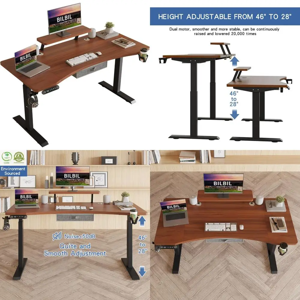 

Электрический стол с двумя двигателями и ящиком, 63x30 дюймов, регулируемая высота, стол для сидения с полкой для хранения, домашний офис