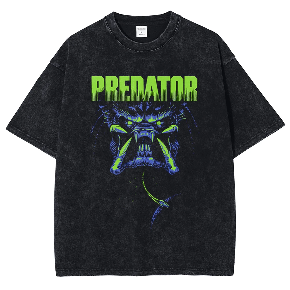 Men\'s T-shirt Predator Pattern DTG Printed Shirt Short Sleeved Retro Summer Washed Cotton Punk Oversized Unisex Harajuku Top