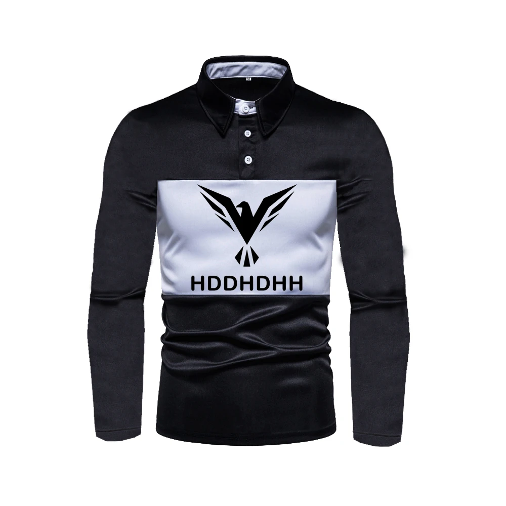 HDDHDHH Brand Printing Men\'s Lapel T-shirt Long-sleeved Polo Shirt Business Casual Black And White Contrast Breathable Top